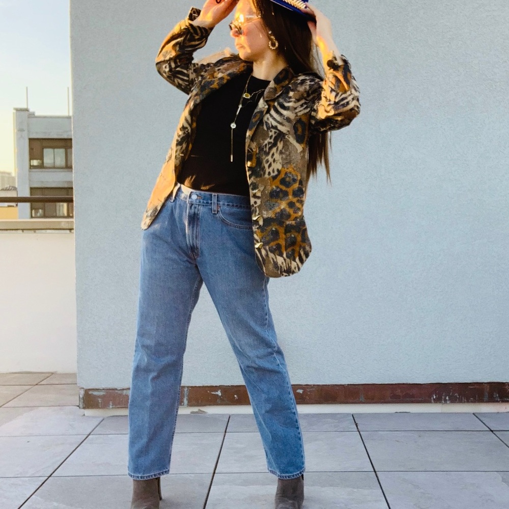 Vintage Jordana Jungle Animal Print Gold Buttons Fax Fur Blazer - Picture 14 of 16